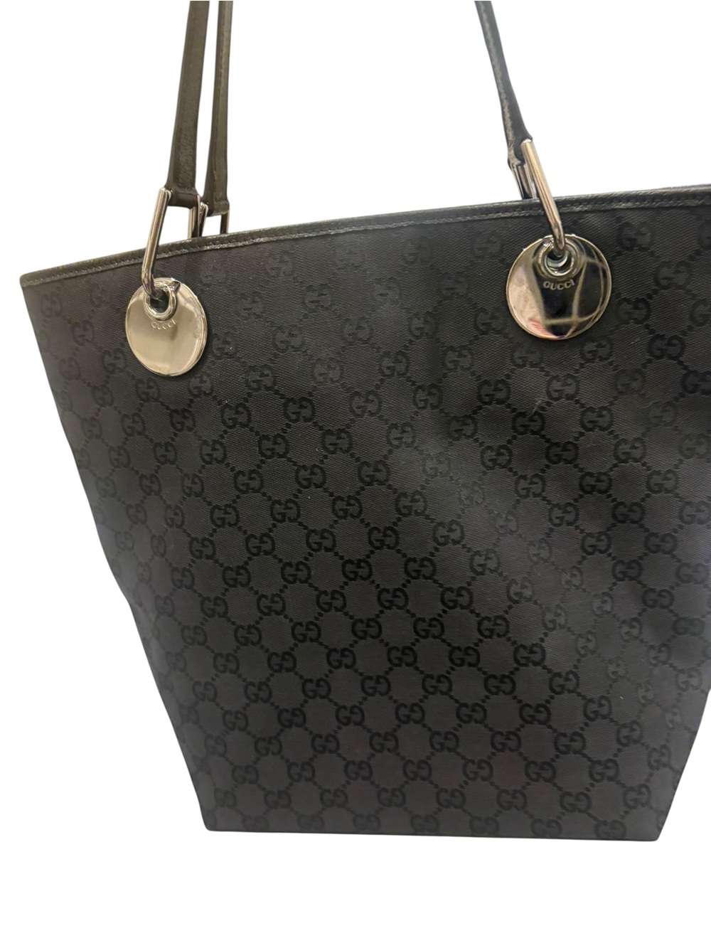 Gucci Black Jacquard GG Canvas Tote Silver Hardware Discs Tom Ford Shoulder Bag - Picture 13 of 15
